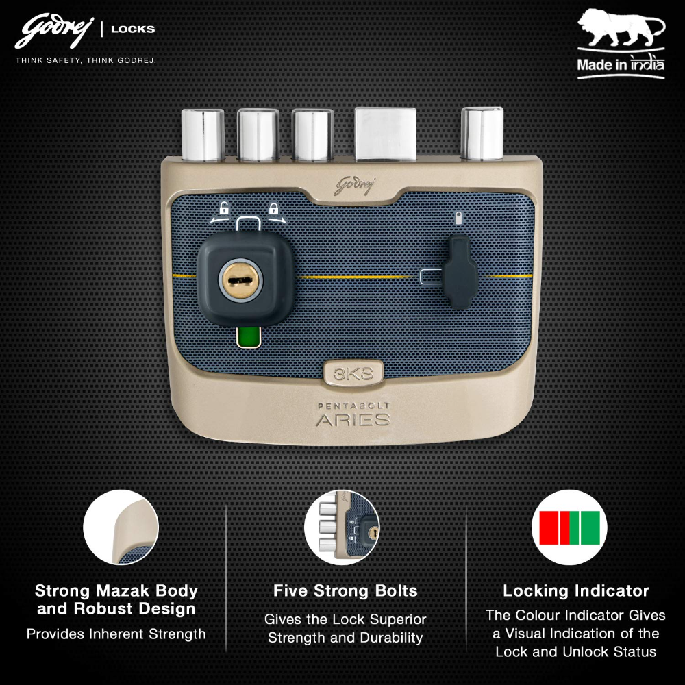 Godrej Rim Lock I Pentabolt Aries 3KS I 5 Bolts I 2C Deadbolt I For Inside Opening Door | LeftorRight Handed Doors I 4 Keys I 15-Year Warranty I Manual Locking I Vegas Gold Finish